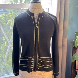 Vintage San Remo Black Cardigan Sweater with Gold Trim